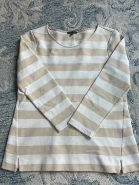 Theory Striped Long-Sleeve Boatneck Top in Cream & White M